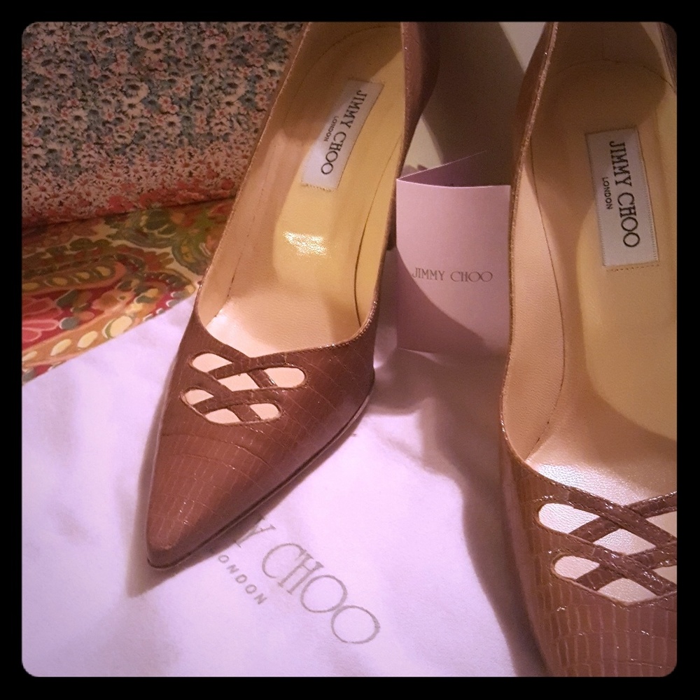 Jimmy Choo Brown Lizard Leather Cut Out Detail Poi